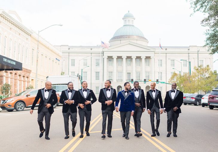 Groomsmen Walking Down the Road in Jackson, Mississippi