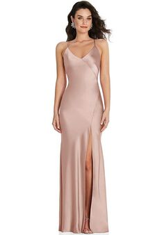 Dessy Group V-Neck Convertible Strap Bias Slip Dress with Front Slit - 6854 V-Neck Bridesmaid Dress