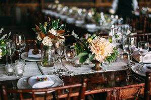 Centerpieces with Dinner Plate Dahlias, Roses and Magnolia Leaves