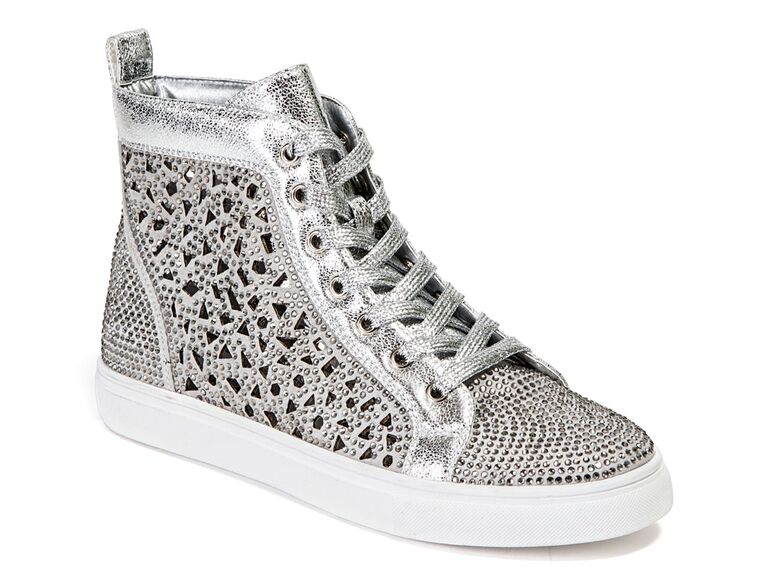 High-top sneaker in silver metallic with shimmering rhinestones