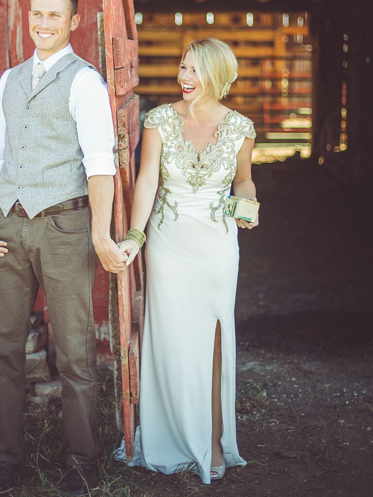 White wedding gown with bold metallic detailing 