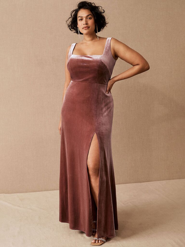 BHLDN cinnamon rose fall-themed bridesmaid dress with square neck and side slit