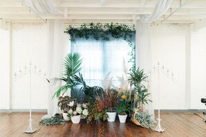 Modern Ceremony Backdrop with Ferns, Pampas Grass, Protea and Ivy