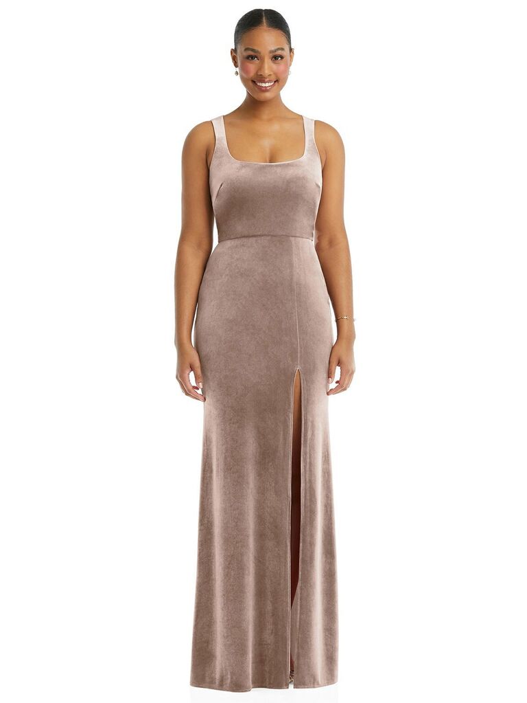The Dessy Group elegant fall bridesmaid dress with full-length trumpet skirt