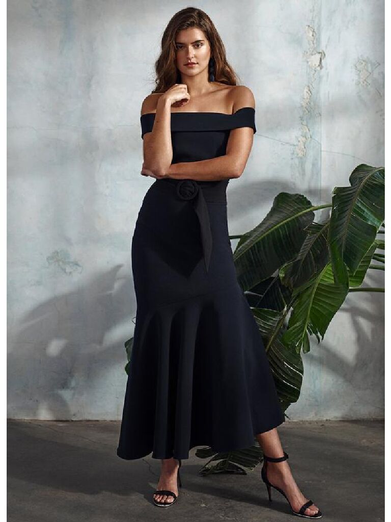 Black off-the-shoulder evening winter wedding guest dress