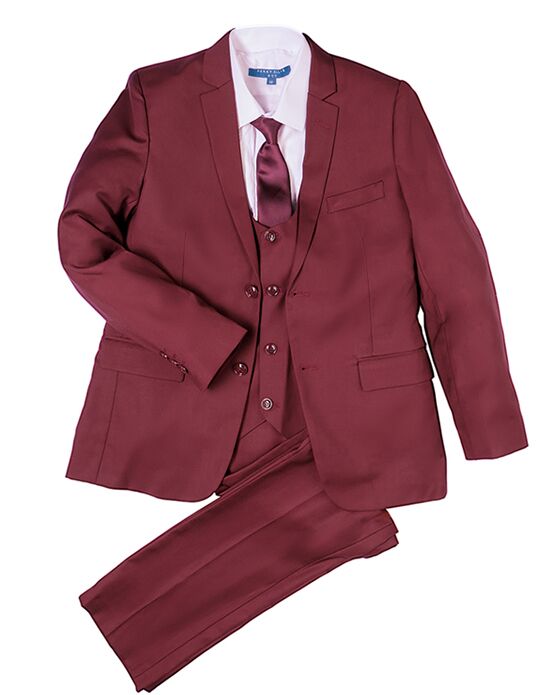 Perry Ellis "Noah" Kids Burgundy Suit (5-Piece Set) Flower Girl Dress and Ring Bearer Outfit - 1