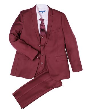 Perry Ellis "Noah" Kids Burgundy Suit (5-Piece Set) Flower Girl Dress and Ring Bearer Outfit