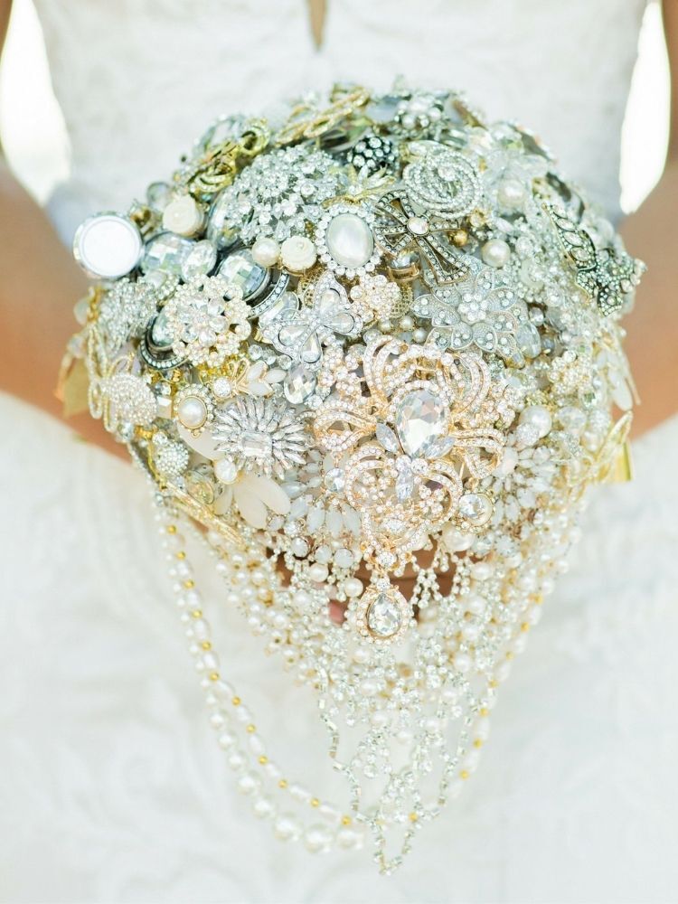 wedding bouquet alternative made with jeweled brooches