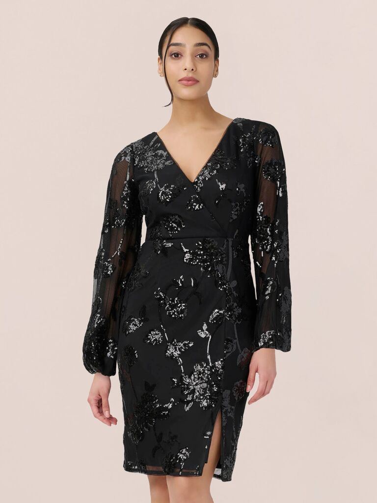 Winter wedding guest cocktail dress from Adrianna Papell