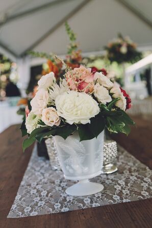Pink and White Centerpiece in Milk Vase