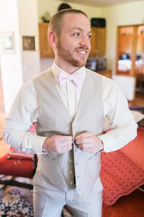 Khaki Groom Vest with Blush Pink Bow Tie