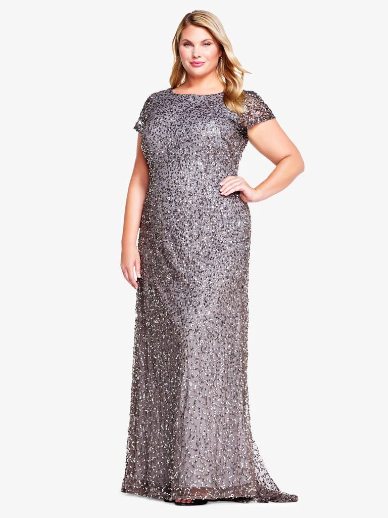 Adrianna Papell sequin evening gown for black-tie wedding attire for women
