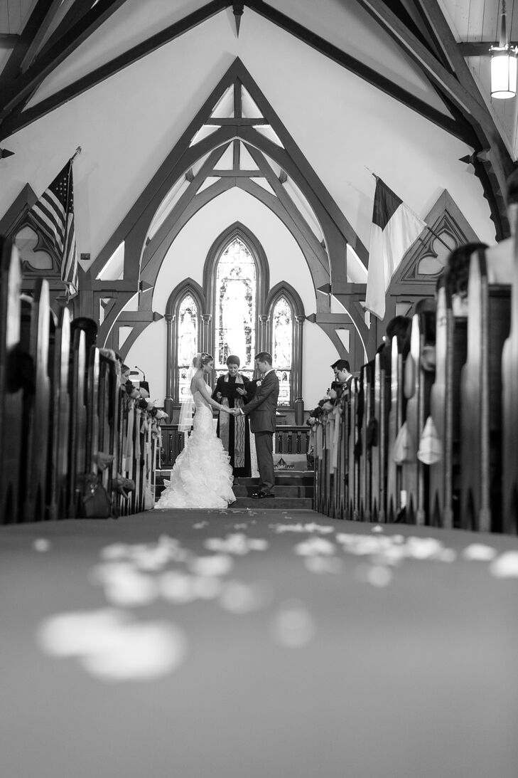 "We were originally going to have the ceremony on the beach, but I always envisioned walking down an aisle with my father," Megan says. "I thought of the Pequot Chapel for the ceremony after playing there with my Celtic trio.  It is a charming, Victorian-era non-sectarian chapel tucked away in New London which holds nondenominational services in the summer and weddings year-round. The chapel is quintessential New England -- I could not have dreamed of a more perfect venue. While the chapel and pavilion are indoors, neither building has heat or air conditioning.  The unpredictable New England weather was in our favor on June 14, 2014.  The sun was shining through the chapel’s stained glass windows, and a pleasant breeze in the pavilion was perfect for the epic party!"