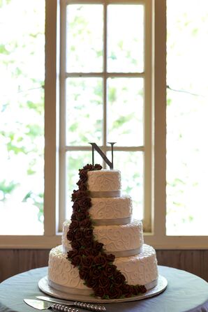 White Wedding Cake With Red Rose Accents