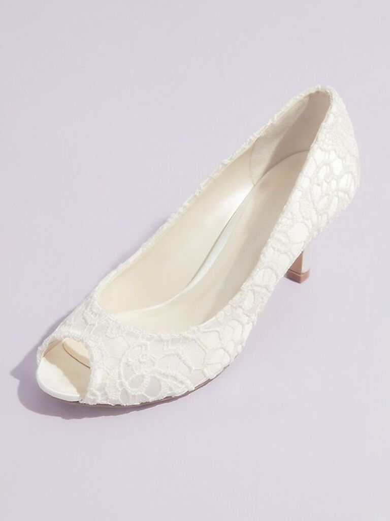 david's bridal white satin lace wedding pump with peep toe