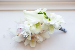 Boutonniere of White Orchids and Freesias