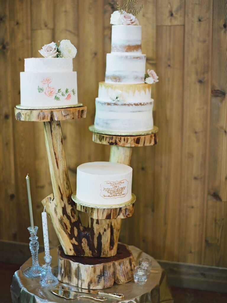 Wedding cake on multi-level tree stand tiers