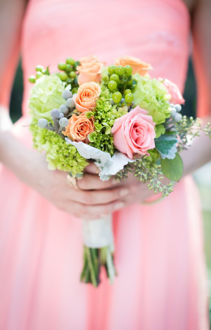 Bright shades of coral, pink, green and blue brought the bridesmaids' bouquets to life.