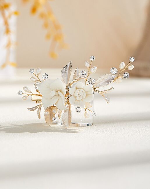 AW Bridal AW BRIDAL Swarovski Crystal Bridal Hair Clip White Flower Wedding Hair Piece for Bride Hair Comb Barrette Bridal Hair Accessories (Gold) Gold Pins, Combs + Clip - 3