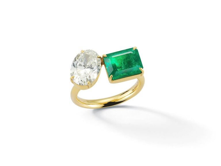 emerald and diamond two stone ring