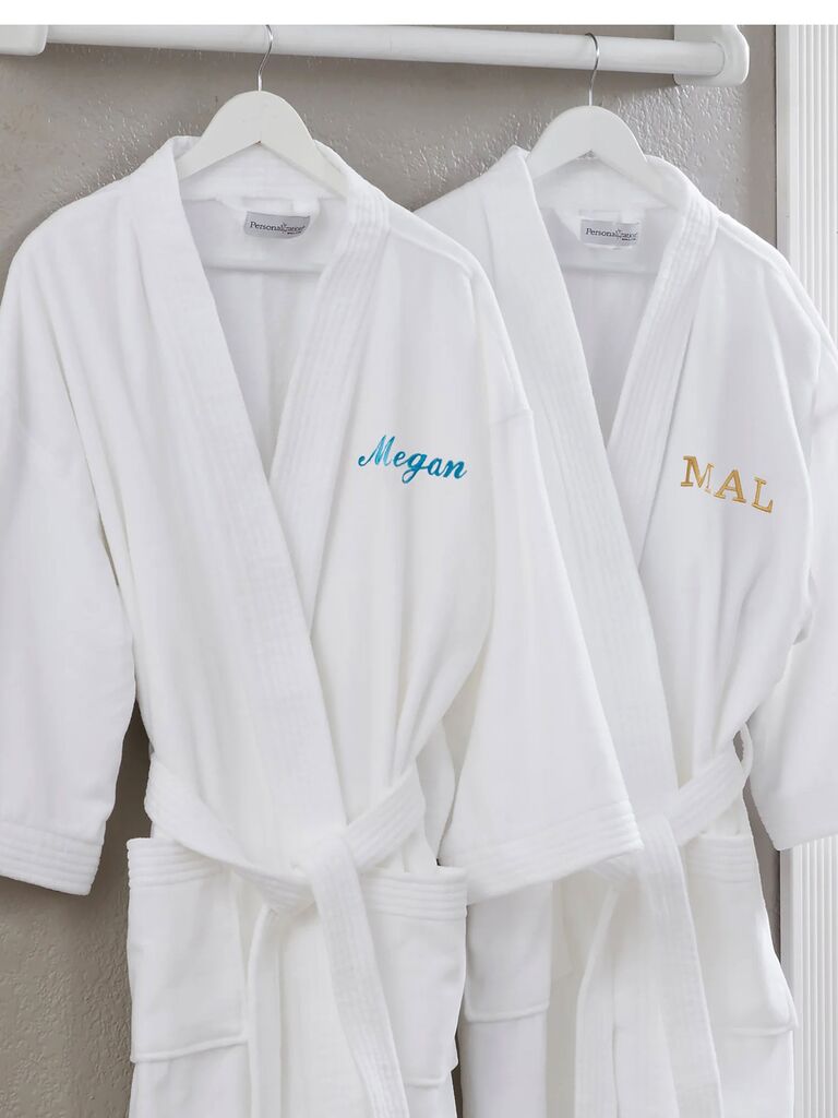 White terry cloth cotton robes with embroidered name engagement gift from parents