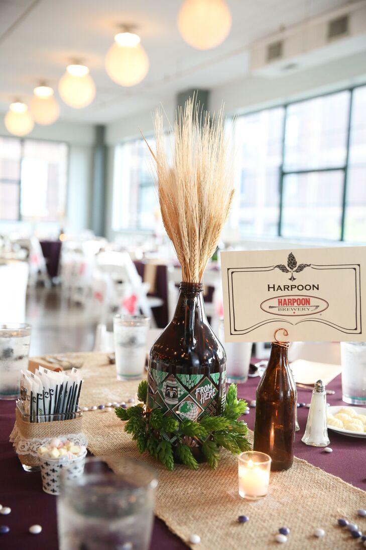 The centerpieces were DIY beer growlers filled with dried hops and wheat with burlap table runners hand-stamped with the St. Louis fleur de lis symbol.