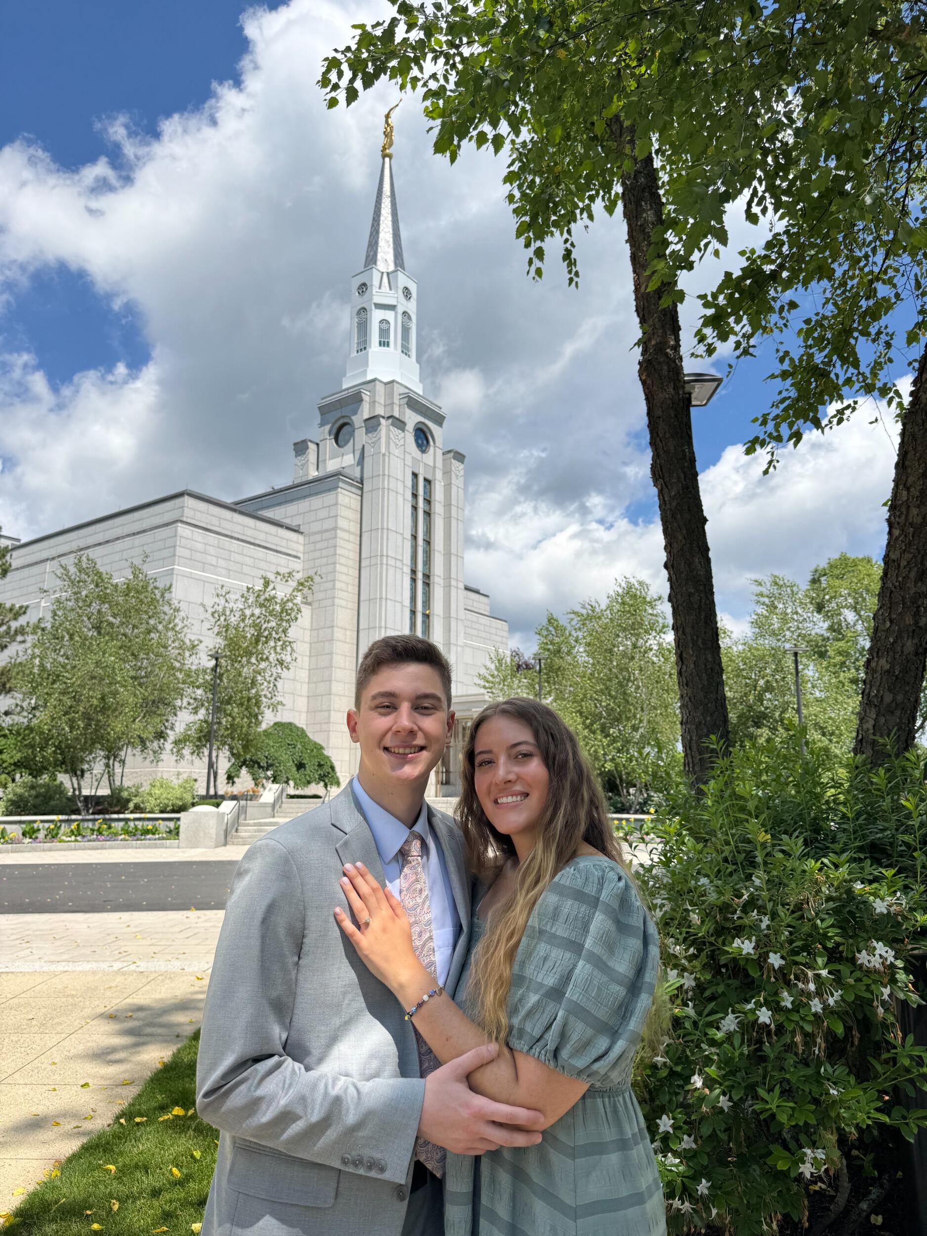Lucas proposed to Sabrina on the grounds of the Boston temple. It was the perfect place for this special moment where they committed to spend the rest of eternity together. 