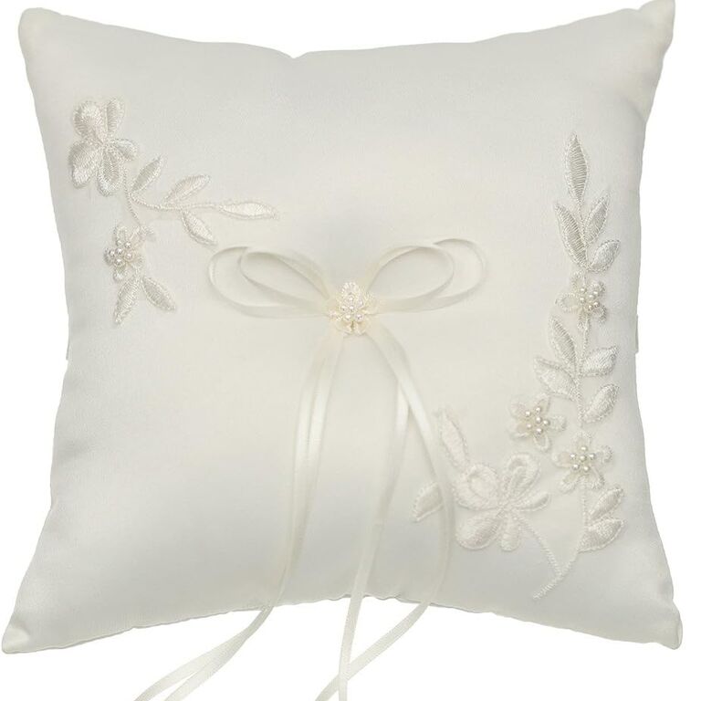 Ivory ring bearer pillow with floral embroidery
