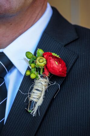 Red Ranunculus Boutonniere with Twine Wrap