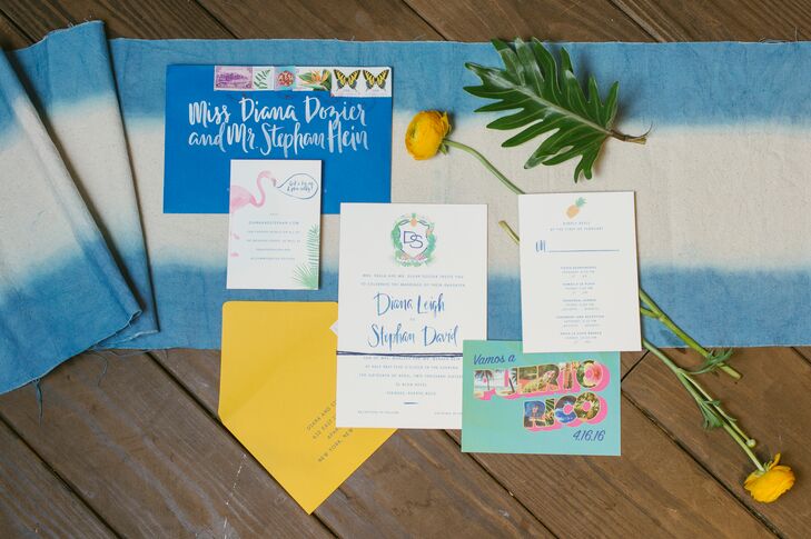For Diana and Stephan's invites, calligrapher Natalie Soud incorporated flamingos, pineapples and a custom crest with iguanas.