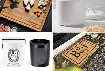 Four last-minute wedding gifts: a personalized cutting board, a cookie jar, a personalized welcome mat, and a Diptyque scented candle