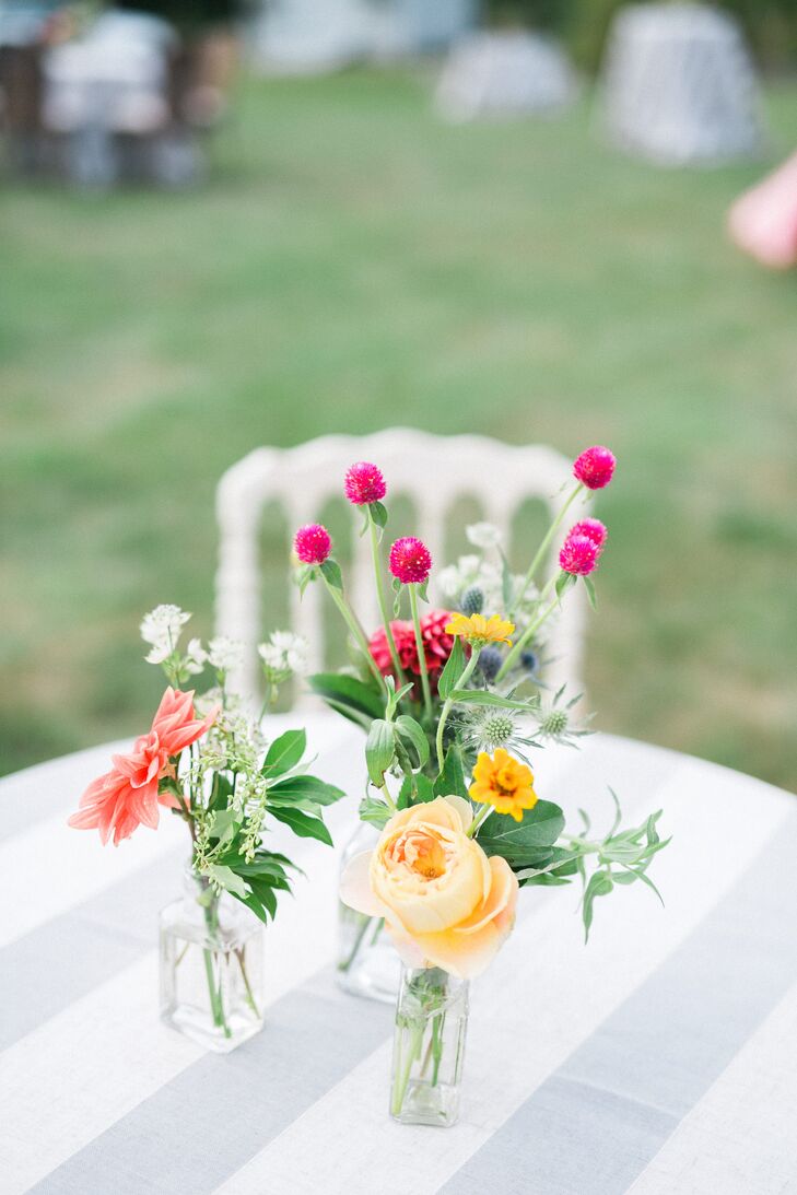 Bright Blooms Arranged Atop Striped Linens
