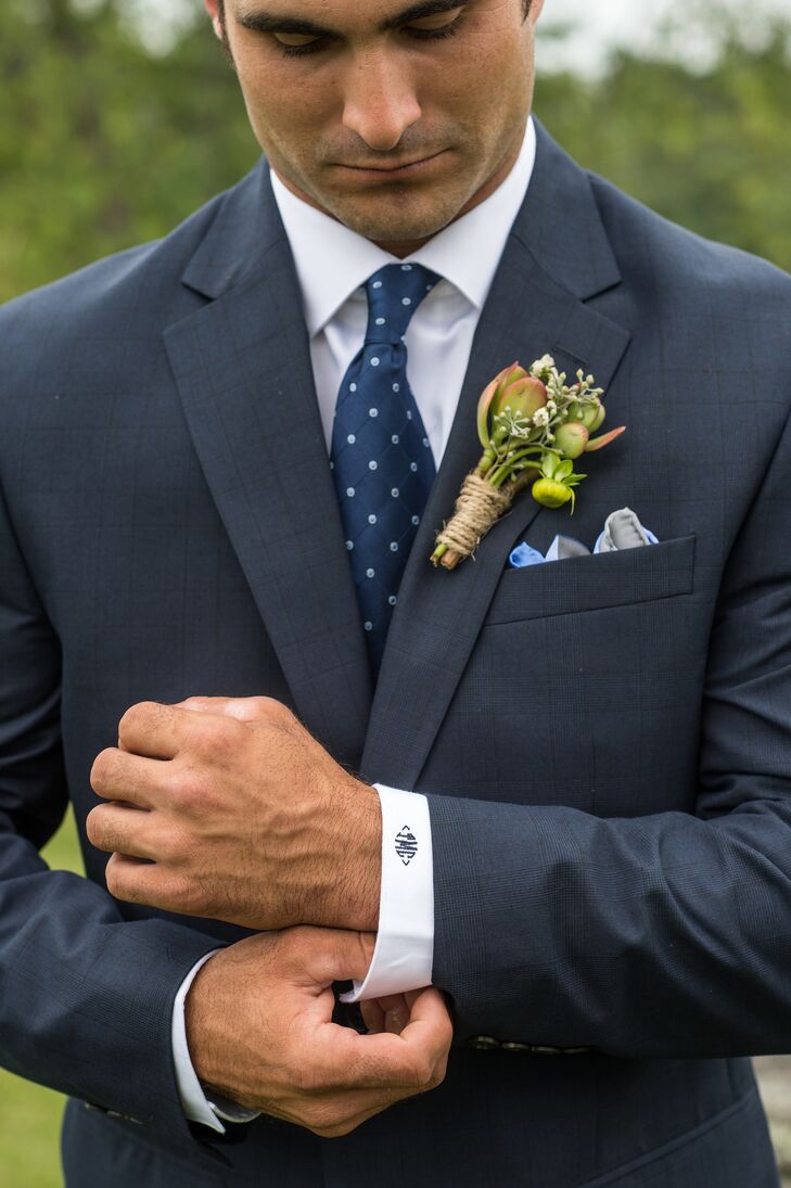 Groom in Navy With a Succulent Boutonniere