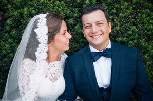 Laced Veil Bride Smiling at Groom