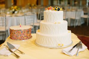 Wedding Cake with Fish Cake Toppers and a Groom's Cake with Sprinkles