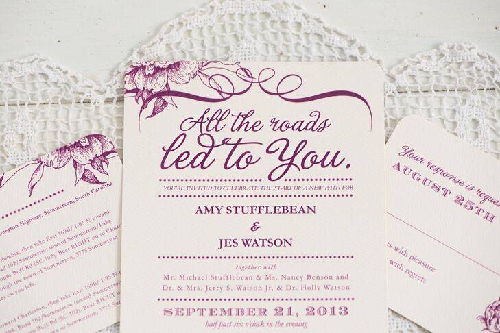 The bride and groom chose a purple invitation suite with the words All the roads led to you.