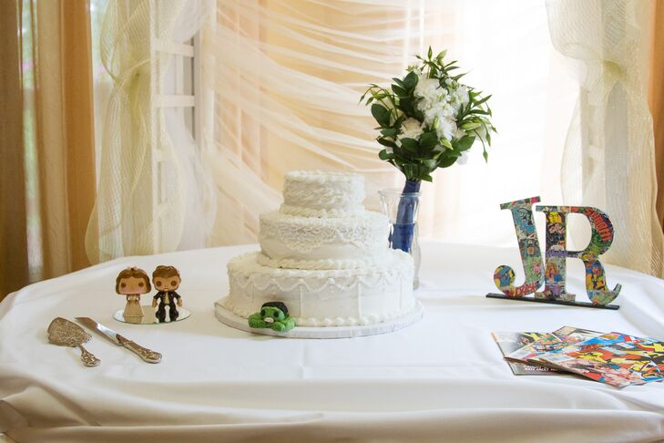 The couple had subtle comic book details at their cake table, such as the hulk being squished underneath the cake and the comic book patterned initial letters. rn“We knew we wanted to incorporate the comic shop and our love of Marvel comics, but we still wanted to keep things tasteful and easy,” says Rebecca.