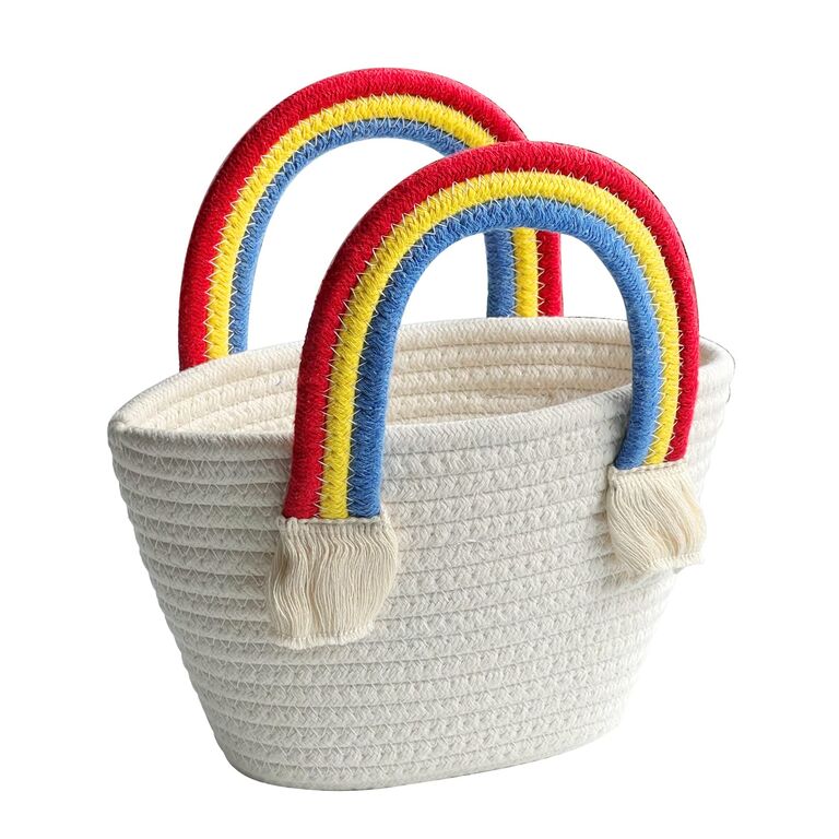 Rope basket with rainbow handles for your wedding flower girl