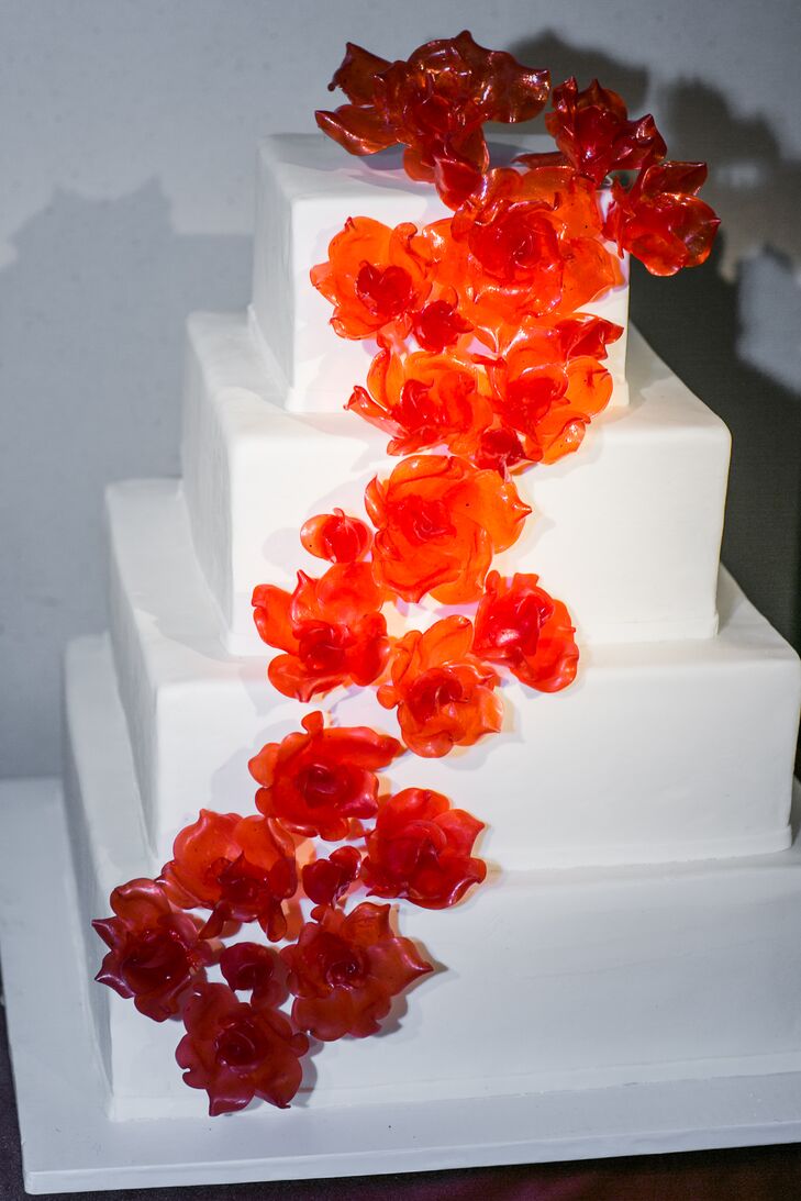 Tiered, Square Wedding Cake With Burnt Orange Sugar Flowers