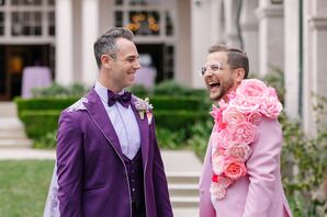 Groom in Purple Tuxedo With Cape, Boutonniere and Groom in Pink Tux With Cascading Floral Lapel