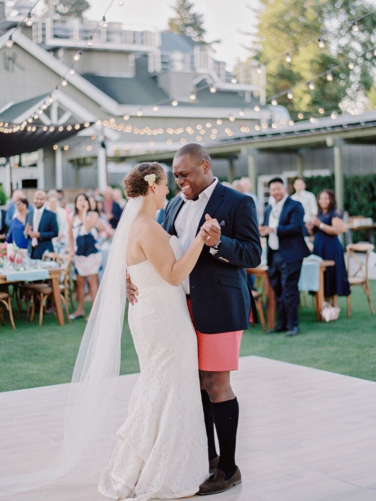 Outdoor dance floor at backyard wedding