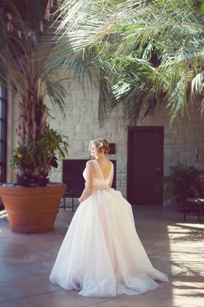Pale Pink Ball Gown Dress with Birdcage Veil
