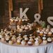 Instead of a traditional wedding cake, Kaitee and Spike had a variety of cupcakes for dessert. The cupcakes were displayed on tree rings along with the couple's monogram on the dessert table.