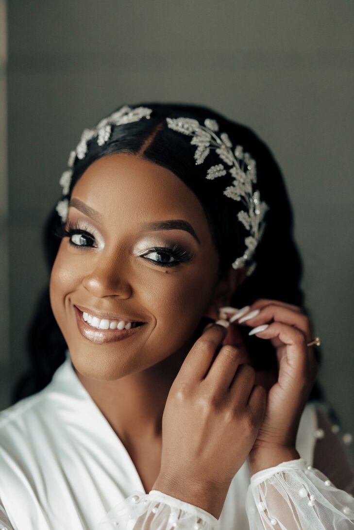 Bride With Glam Beauty Look, Silver Eye Shadow, Gem Headpiece