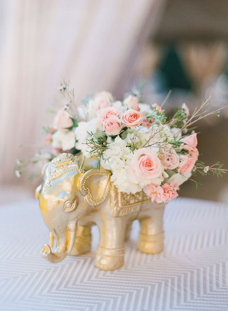 Rose Flower Arrangement in Gold Elephant Vase