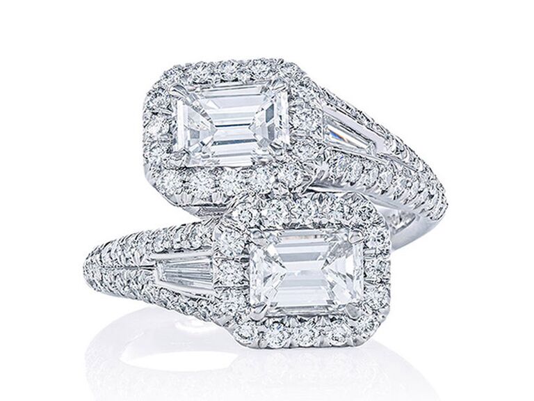 neiman marcus emerald cut diamond bypass engagement ring with two emerald cut diamond center stones round diamond halos and round diamond platinum bands