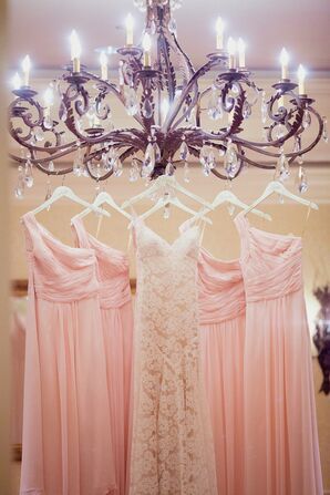 Blush One-Shoulder Bridesmaid Dresses on Chandelier