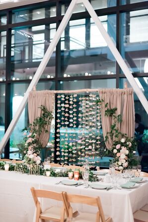 Mandap at Reception with Drapery and Hanging Flowers