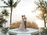 Bohemian bride and groom on wedding day
