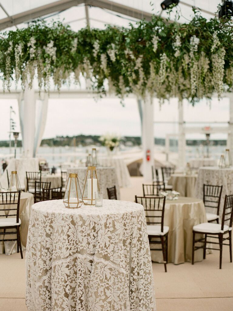 Victorian lace tablecloths at vintage wedding reception
